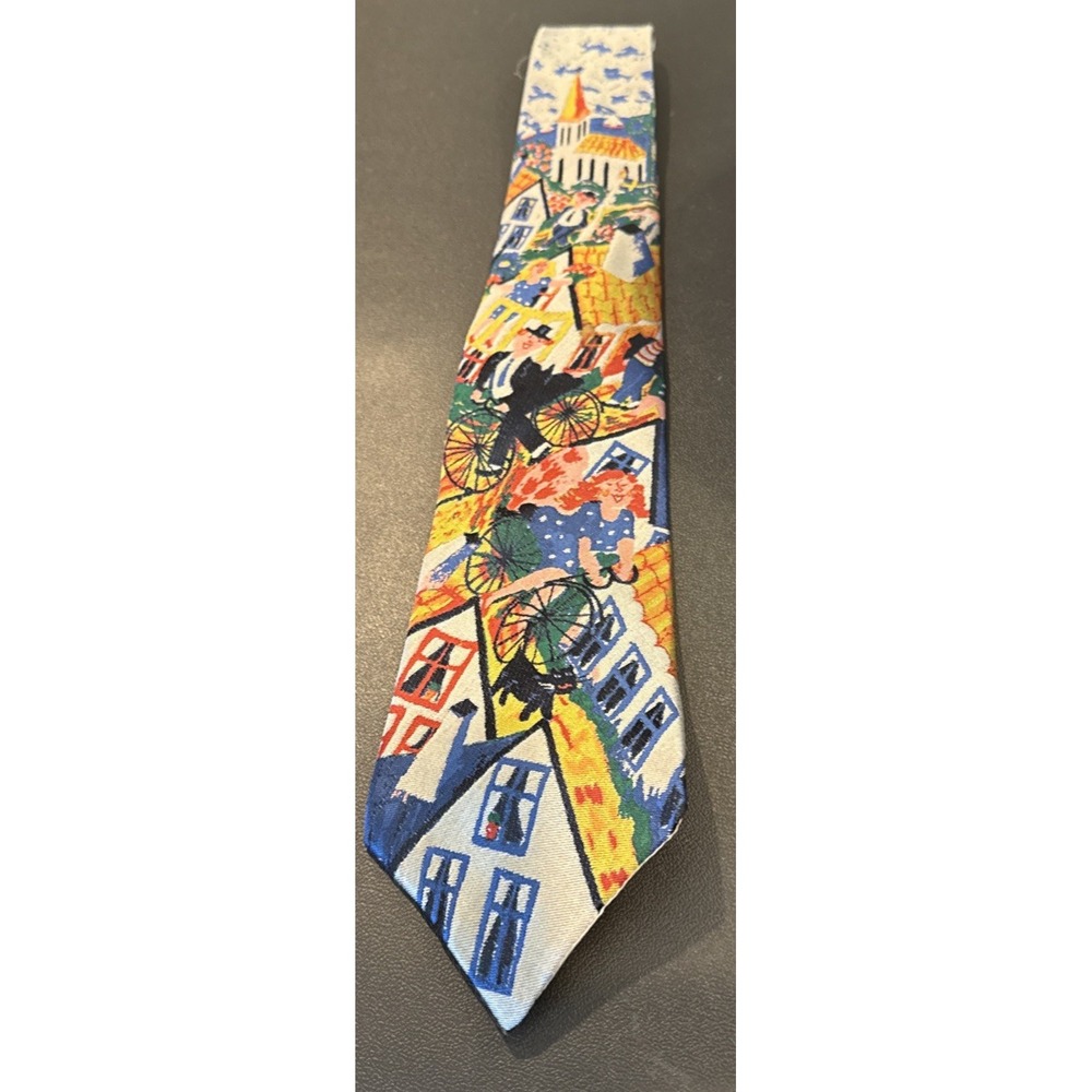 Lennart Liljewall Necktie Signed Village Scene Silk Sweden Colorful Folk Art